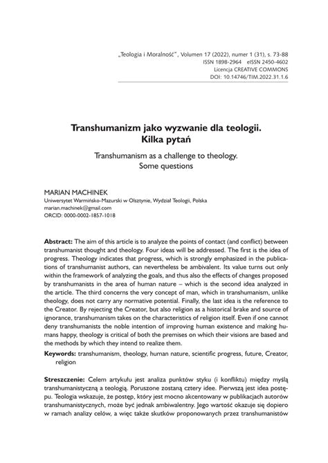 PDF Transhumanizm jako wyzwanie dla teologii Kilka pytań