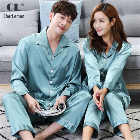 Cherlemon Couple Matching Solid Silk Satin Pajama Sets Autumn Full