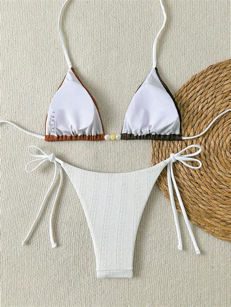 Women High Elasticity Textured Striped Contrasting Sexy Bikini Top And Adjustable Tie Sides Sexy