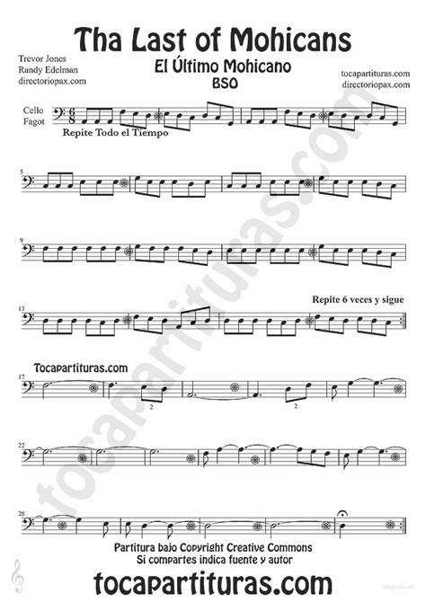 tubescore: The Last of the Mohicans sheet music for Cello and Bassoon ...