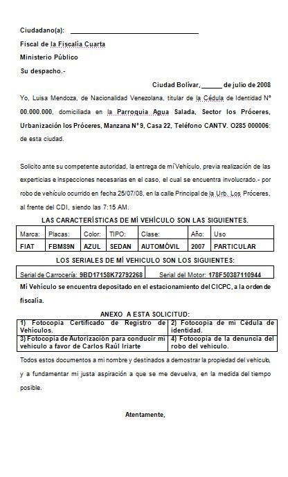 Formatos Legales Solicitud a la Fiscalía de entrega de vehículo
