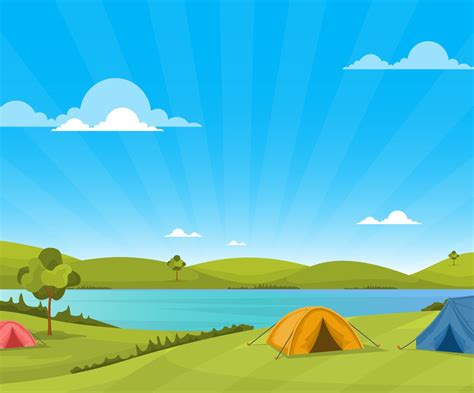 Camping Adventure Outdoor Park Lake Nature Landscape Cartoon Illustration Vector