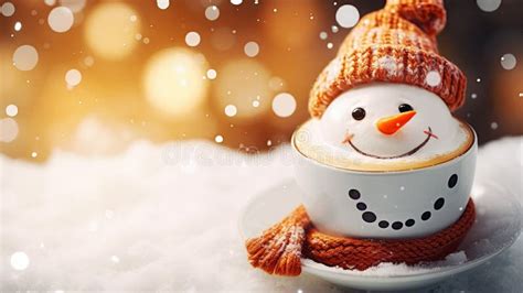 Cup Of Coffee Or Hot Chocolate With Melted Marshmallow Snowman Winter