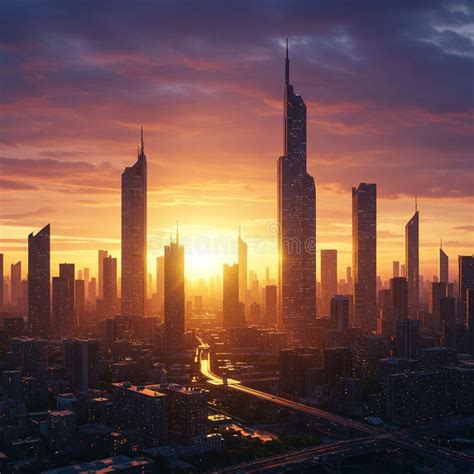 Skyscrapers Dominate a Futuristic Cityscape at Sunset, with the Sun ...