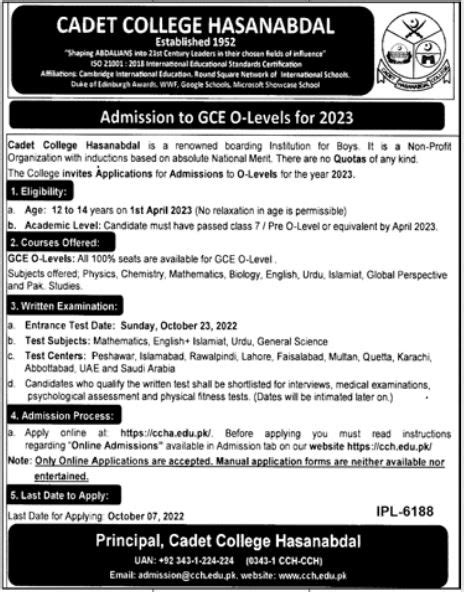 Cadet College Hasanabdal O Level Admissions 2022 Resultpk