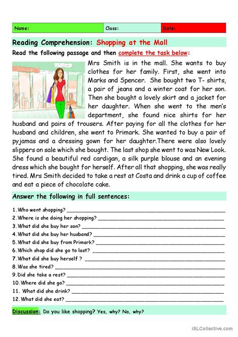 reading comprehension shopping   english esl worksheets