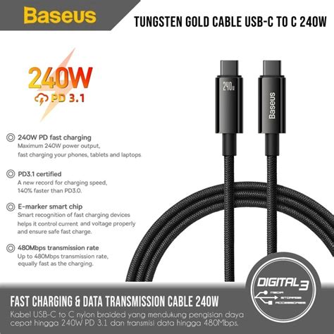 ข อมลสายเคเบล Baseus สายทงสเตนทอง USB C ถง C 240W PD ชาร จเร