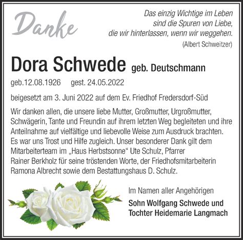 Traueranzeigen Von Dora Schwede M Rkische Onlinezeitung Trauerportal