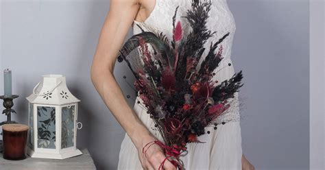 Burgundy Black Gothic Wedding Bouquet Fall Autumn Pampas Grass Teasel