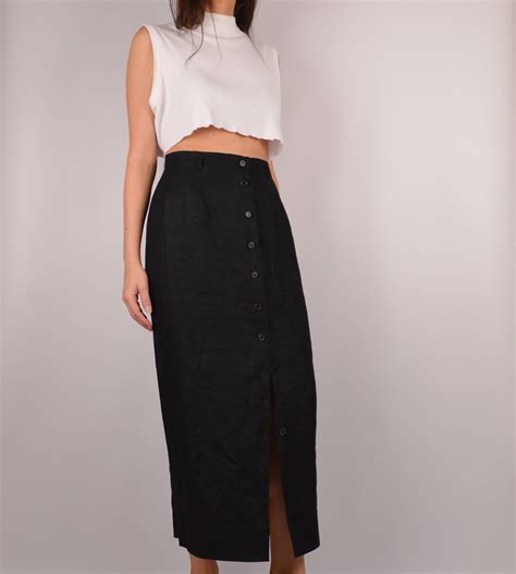 Black Linen Button Down Skirt 28w High Waist