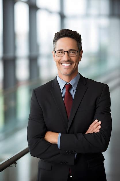 Premium AI Image Smiling Man In Suit And Tie Standing In A Large