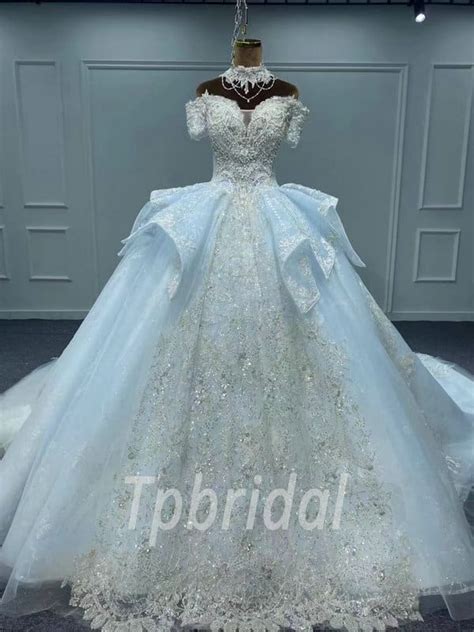 Ice Blue Wedding Dress Lace Off The Shoulder Ball Gown