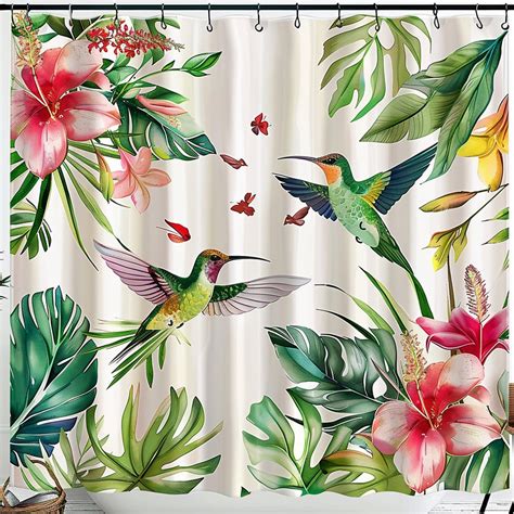 Tropical Rainforest Hummingbird Shower Curtain Watercolor Style Bright