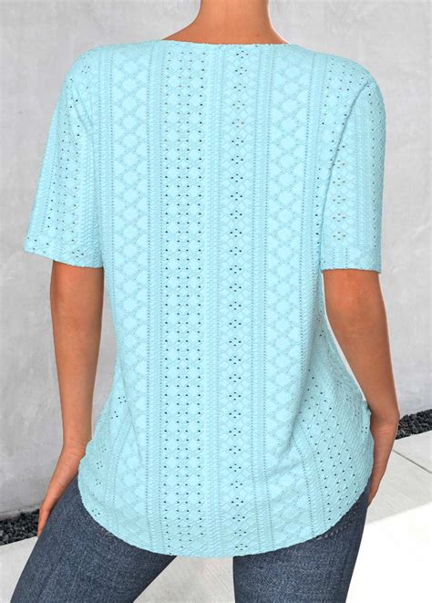 Jacquard Light Blue Short Sleeve Split Neck Blouse Rosewe Usd