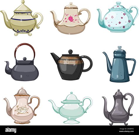 Vintage Teapot Set Cartoon Vector Illustration Sign Color Stock Vector