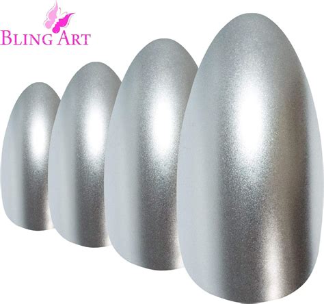 Faux Ongles Bling Art Argent Métallique 24 Stiletto Longue Faux Bouts Dongles Acrylique Avec