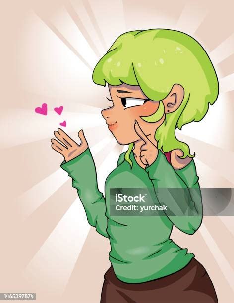 Anime Girl With Green Hairs Wears Green Sweater Stock Illustration