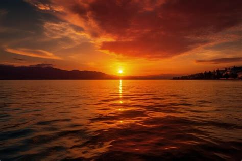 Una puesta de sol sobre un cuerpo de agua con montañas de fondo ia