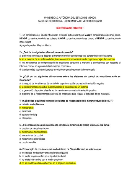 Cuestionario De Repaso Fisiolog A Guyton Medicina Universidad