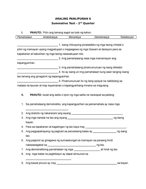 Summative Test In Araling Panlipunan 6 Sample Summative Test Aralin