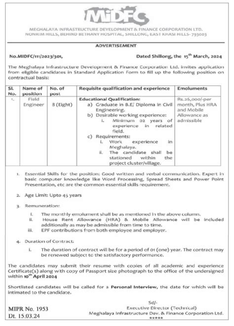 Meghalaya MIDFC Recruitment 2024 Field Engineer Vacancy 8 Posts