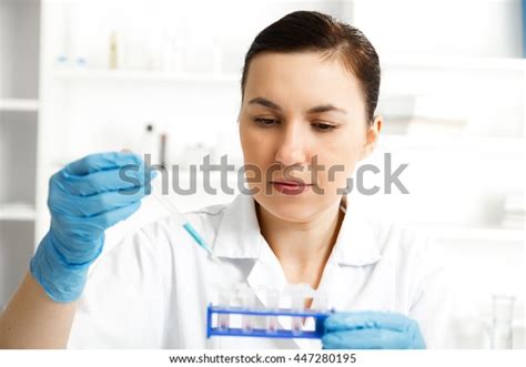 Female Scientist Analyzing Sample Laboratorylaboratory Assistant Stock