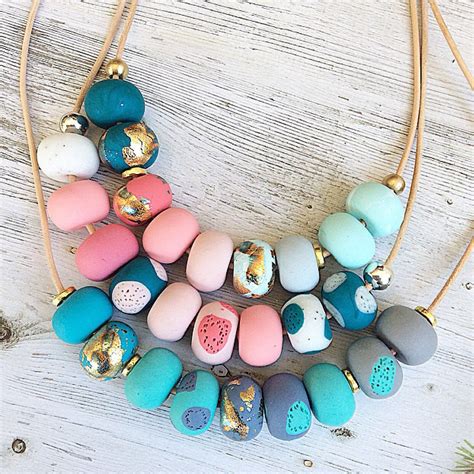 Teal Pinks And Gold Handmade Necklace Polymer Clay Necklace Etsy