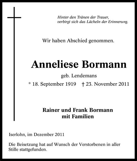 Traueranzeigen Von Anneliese Bormann Trauer In NRW De