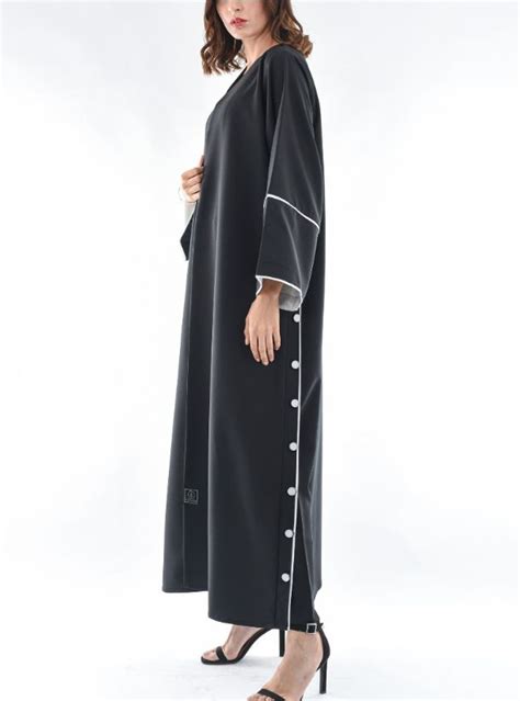 NS 1038 Abaya Black Abaya With Contrast White Trimmings And White