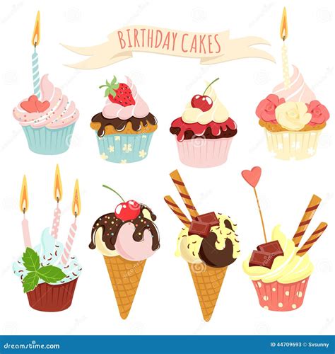 Festive Birthday Cakes And Ice Cream Set Stock Vector Image