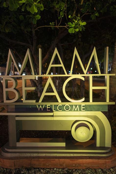 Miami Beach Night Sign. Miami Beach Welcome Sign. Stock Photo - Image ...