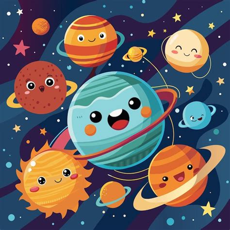 Una Ilustración De Dibujos Animados De Un Planeta Con Muchos Planetas Y Las Estrellas Vector