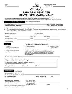 Fillable Online Winnipeg Park Space Shelter Rental Application