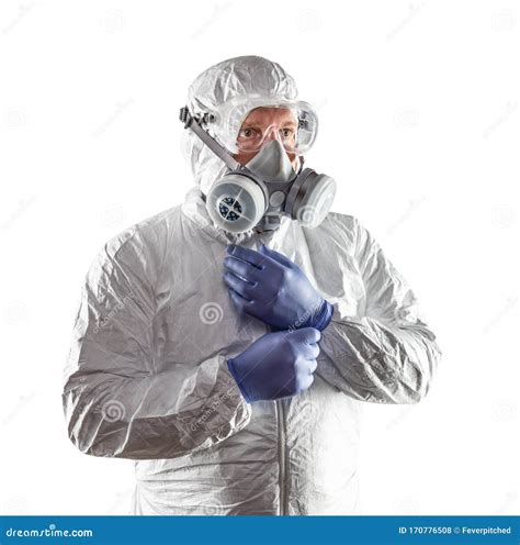 Man Wearing Hazmat Suit Goggles And Gas Mask Isolated On White Stock