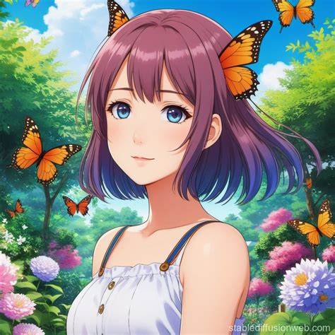 Brunette Girl Transforming Into Butterfly In Garden Stable Diffusion