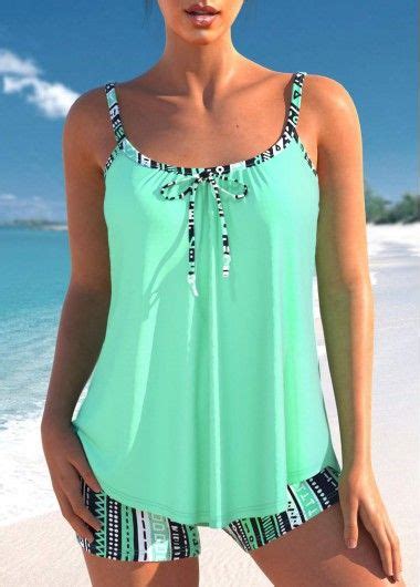 Tie Mid Waisted Geometric Print Tankini Set Usd 27 98