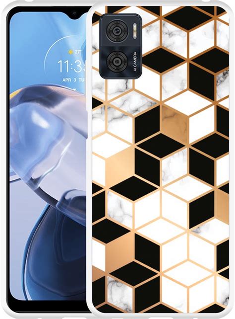 Hoesje Geschikt Voor Motorola Moto E22 E22i Black White Gold Marble Bol