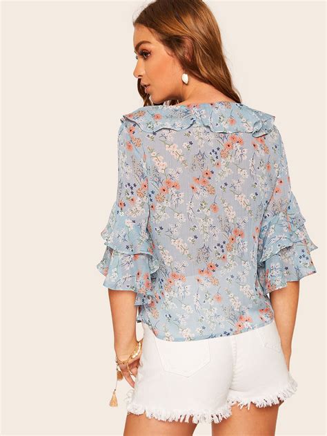 Shein Knot Front Ruffle Trim Floral Top Floral Tops Blouses For