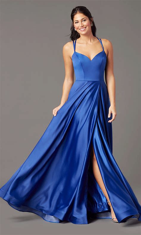 Open Back Long Faux Wrap Satin Prom Dress Promgirl