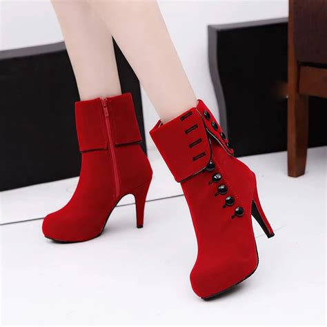 Mulheres Botas De Tornozelo Salto Alto Moda Sapatos Vermelho Submarino