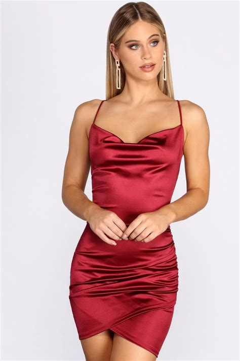 Halfdesignco Red Cowl Neck Ruched Satin Mini Dress