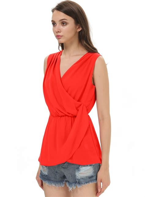 Red Deep V Neck Sleeveless Chiffon Blouse Shein Sheinside