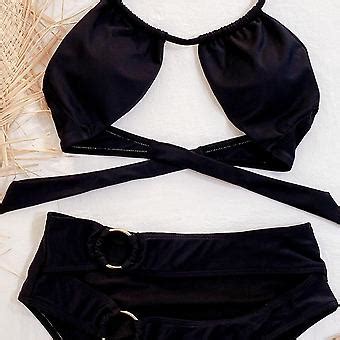 Sexet bikini højtaljet bikini sæt push up kvinder badetøj sort