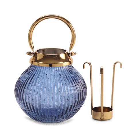 Blue Ribbed Glass Tea Light Candle Holder Pure Home And Living