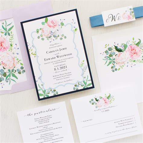 Dusty Blue Wedding Invitations Floral Lilac Beacon Lane