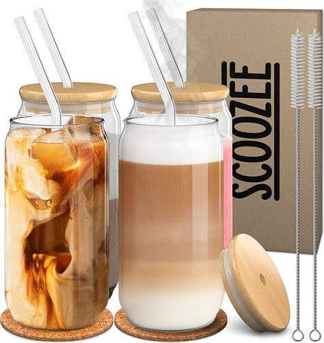 Scoozee Lot De 4 Gobelets En Verre Avec Couvercles Et Pailles Verres