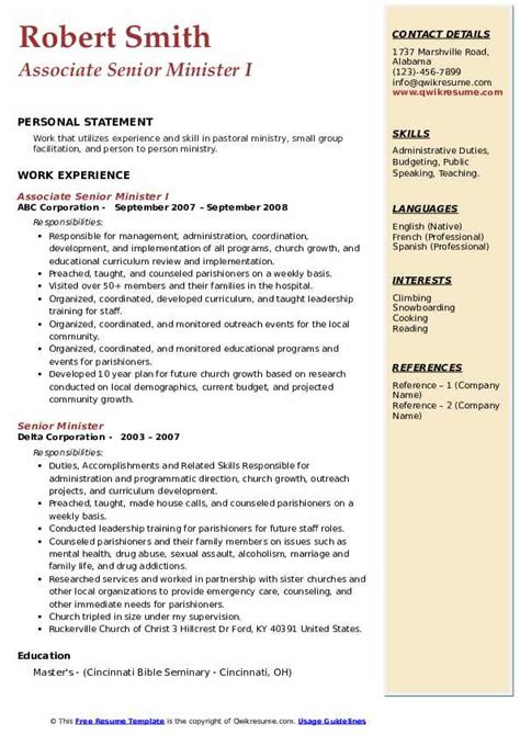 Senior Minister Resume Samples Qwikresume