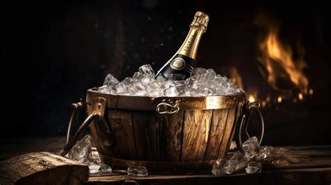 Premium AI Image Champagne Bottle In A Wooden Bucket With Ice In A