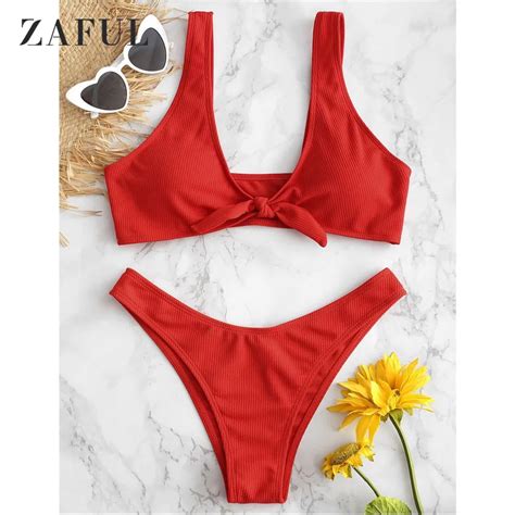 Zaful Ribbed Knotted Bikini Set Women Swimwear Swimsuit Sexy Plunge