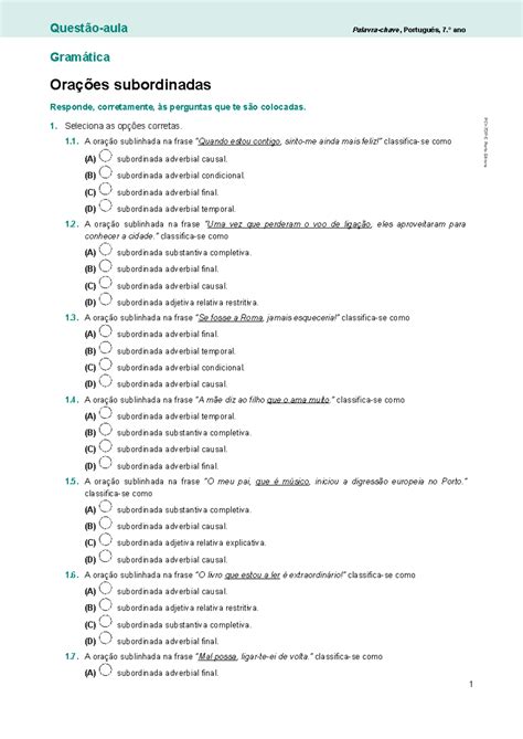 Questoes Sobre Oracoes Subordinadas - Título: Pch7 - Questões de Aula sobre Orações Subordinadas - Studocu